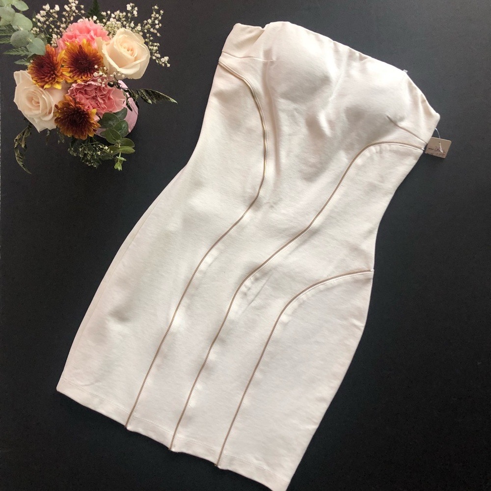 BODYCON WHITE ZIPPER STRAPLESS VISCOSE MINI DRESS